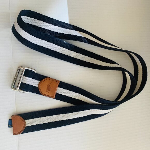 Polo Ralph Lauren Navy White Striped Fabric Leather Dual D Ring Belt XL - Picture 8 of 9